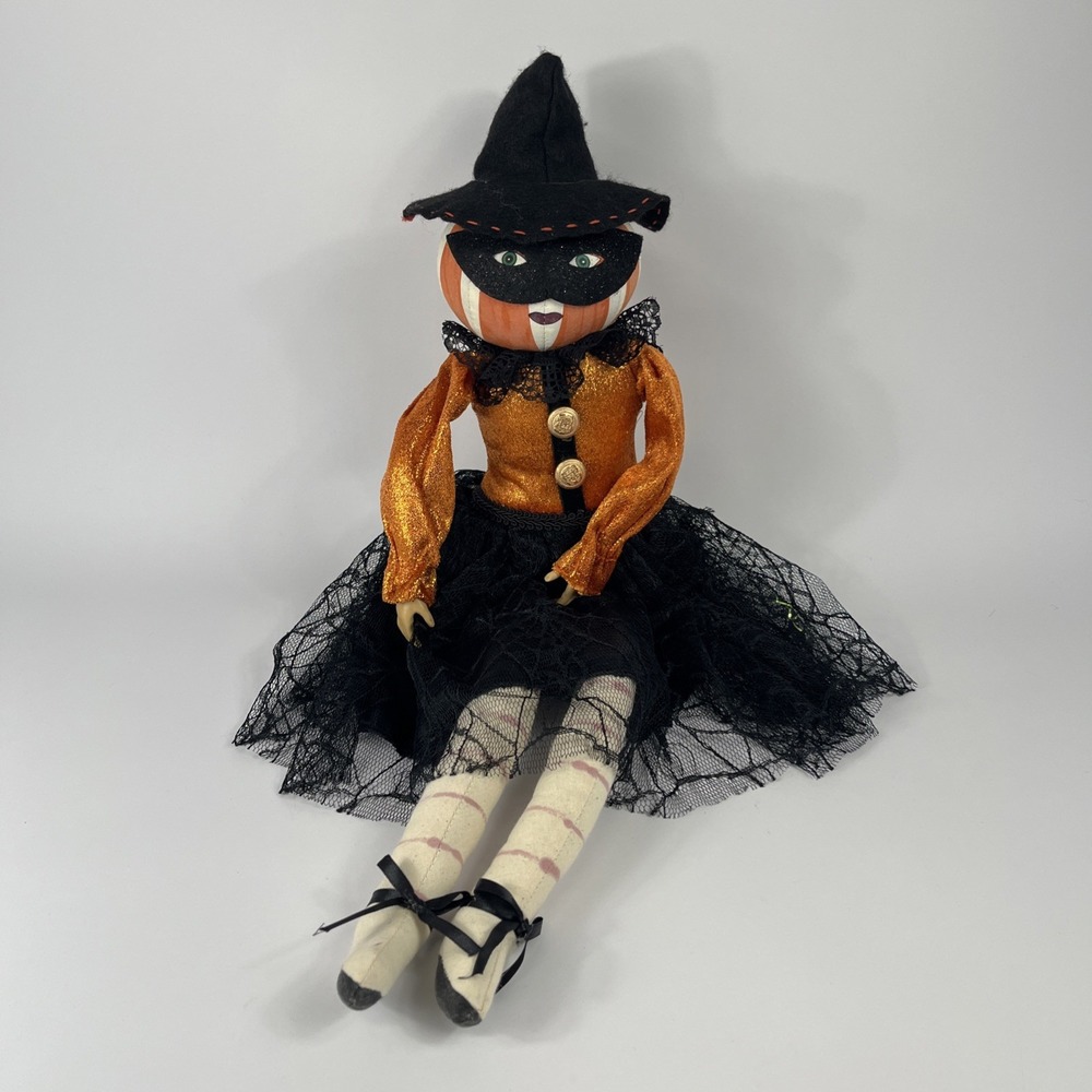 Halloween Primitive Style Pumpkin Gourd Head Doll Shelf Sitter Decor 24"